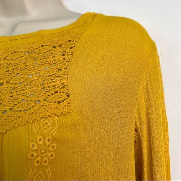 Adiva Mustard Gold Ruffled Boho Long sleeve tunic gauze top - Picture 6 of 16